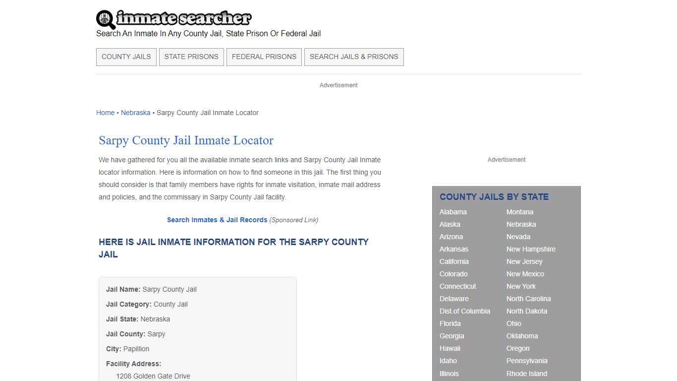 Sarpy County Jail Inmate Locator - Inmate Searcher